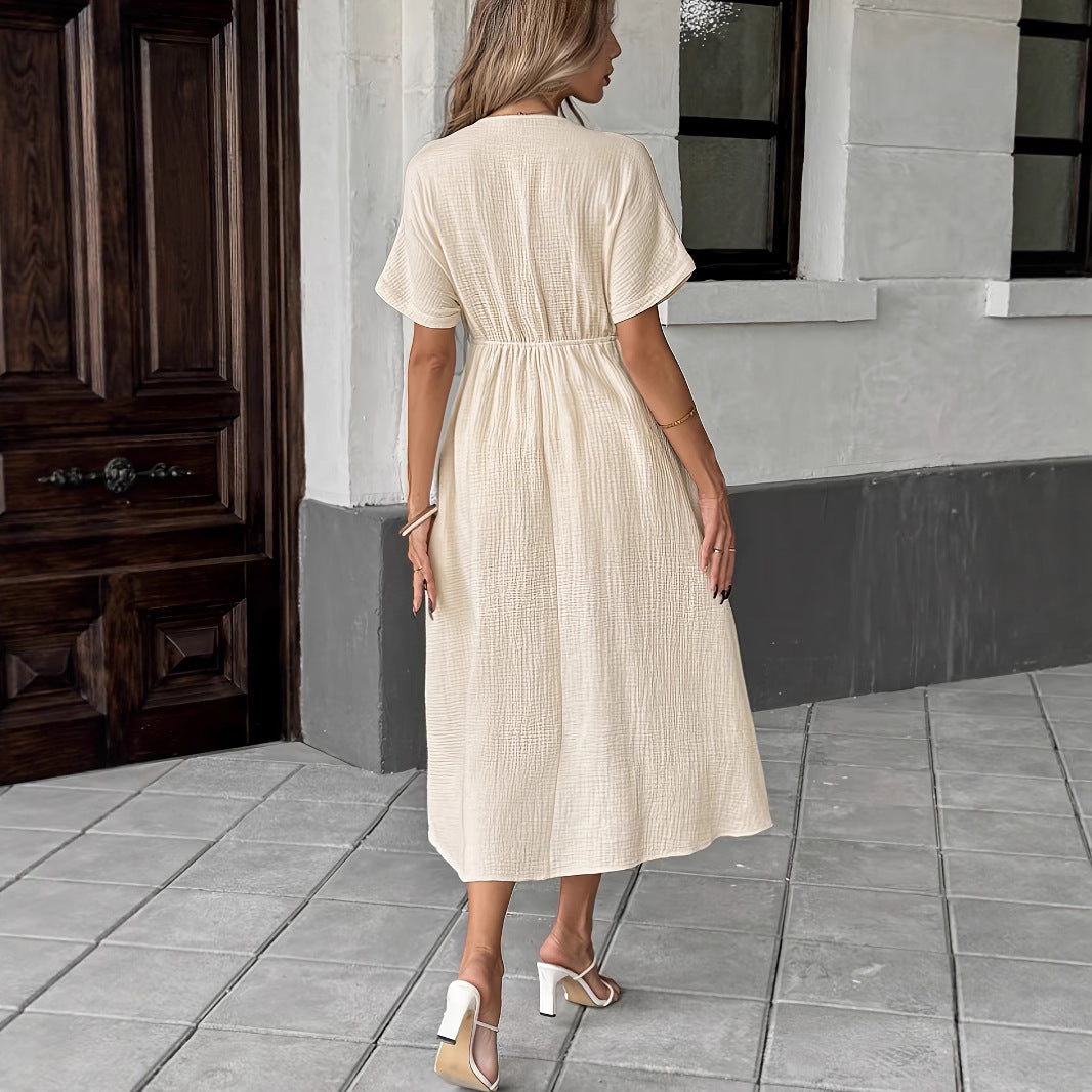 Solid Color V-Neck Cotton Dress