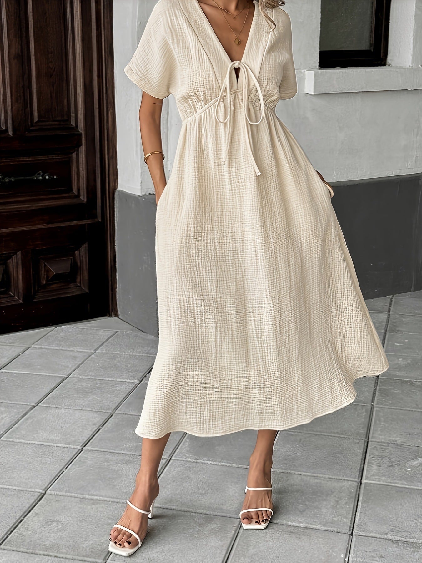 Solid Color V-Neck Cotton Dress