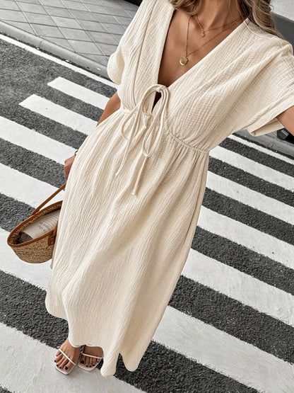 Solid Color V-Neck Cotton Dress