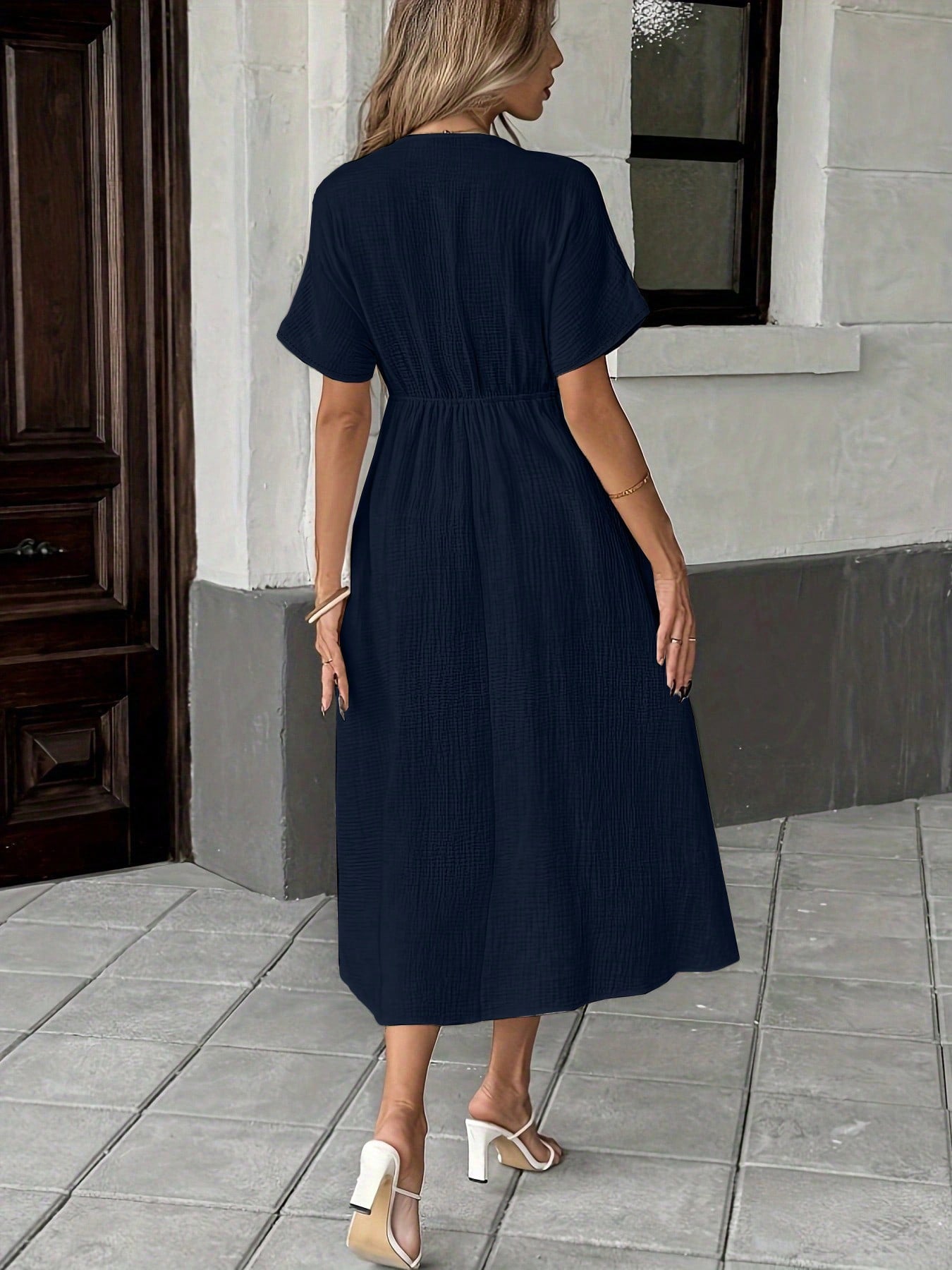 Solid Color V-Neck Cotton Dress