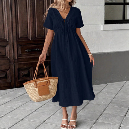 Solid Color V-Neck Cotton Dress