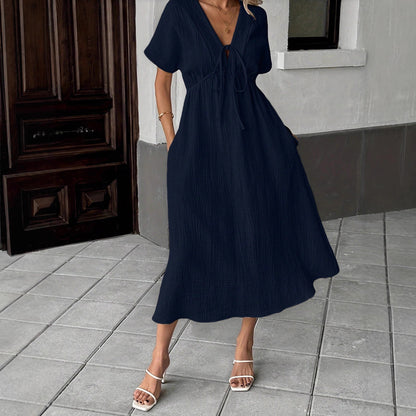 Solid Color V-Neck Cotton Dress