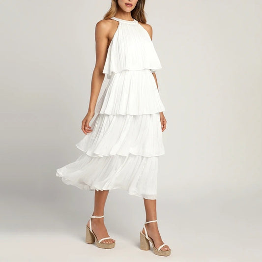 Sleeveless Halter Neck Ruffle Tiered Layered Chiffon Flowy Swing Long Midi Dress