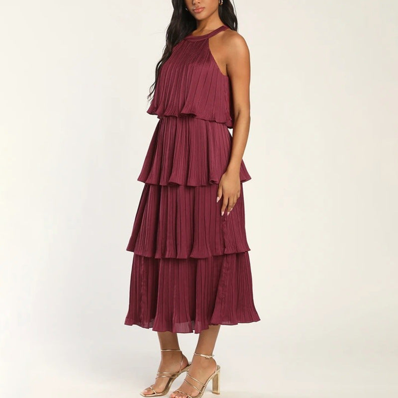 Sleeveless Halter Neck Ruffle Tiered Layered Chiffon Flowy Swing Long Midi Dress