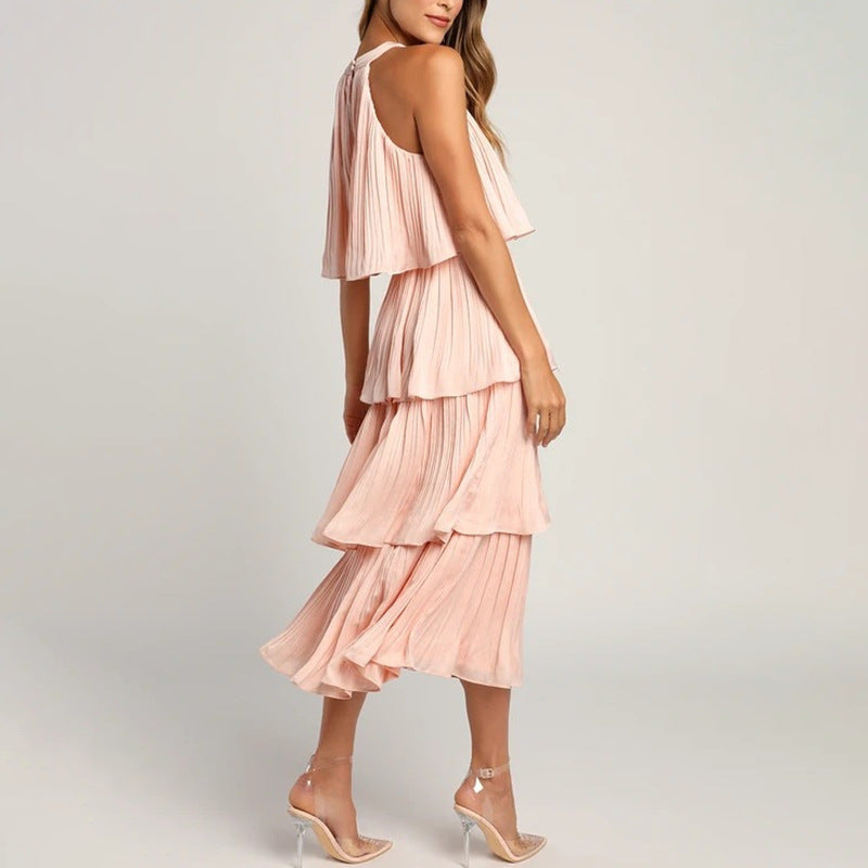 Sleeveless Halter Neck Ruffle Tiered Layered Chiffon Flowy Swing Long Midi Dress