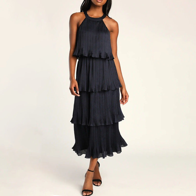 Sleeveless Halter Neck Ruffle Tiered Layered Chiffon Flowy Swing Long Midi Dress