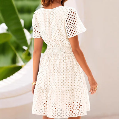 Short Sleeve A Line Hollow Out Lace Dress