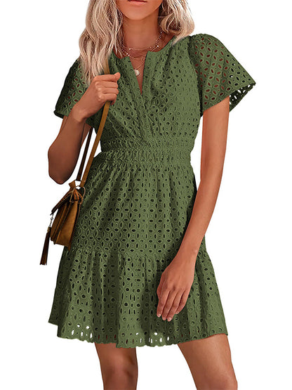 Short Sleeve A Line Hollow Out Lace Dress