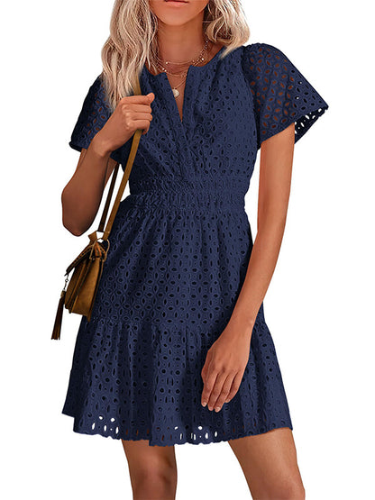 Short Sleeve A Line Hollow Out Lace Dress