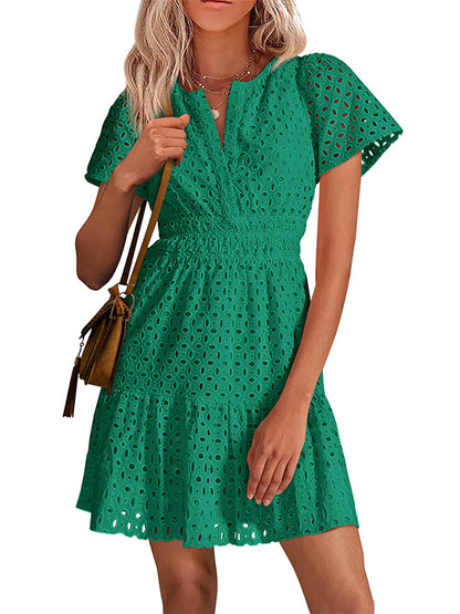 Short Sleeve A Line Hollow Out Lace Dress