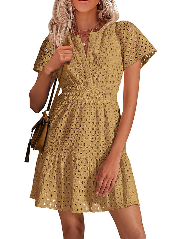 Short Sleeve A Line Hollow Out Lace Dress