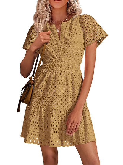 Short Sleeve A Line Hollow Out Lace Dress