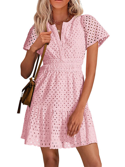 Short Sleeve A Line Hollow Out Lace Dress