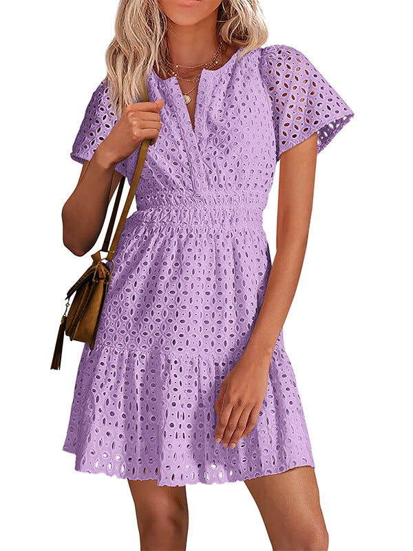 Short Sleeve A Line Hollow Out Lace Dress