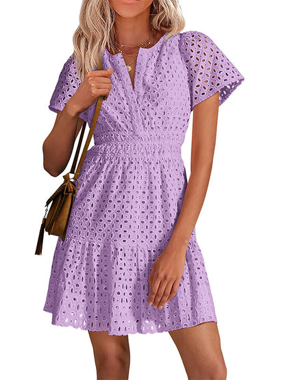 Short Sleeve A Line Hollow Out Lace Dress