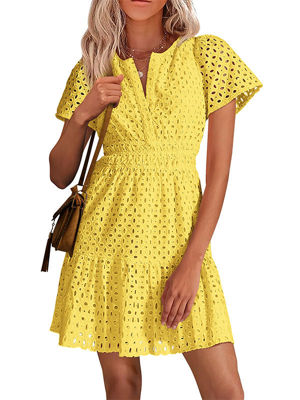 Short Sleeve A Line Hollow Out Lace Dress