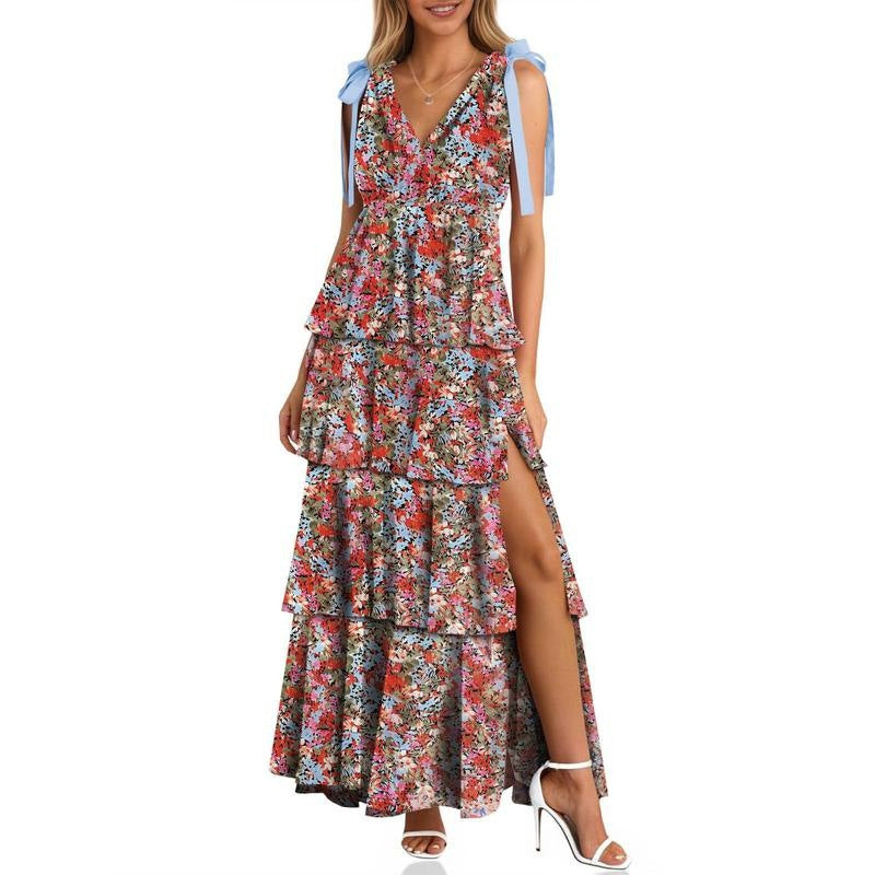 Boho Floral Tie Strap V Neck Ruffle Tiered Maxi Dress