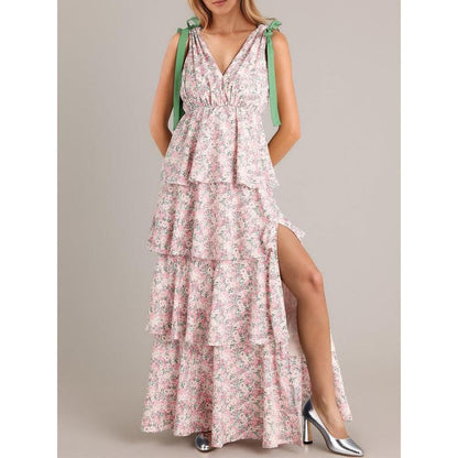 Boho Floral Tie Strap V Neck Ruffle Tiered Maxi Dress
