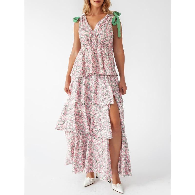 Boho Floral Tie Strap V Neck Ruffle Tiered Maxi Dress