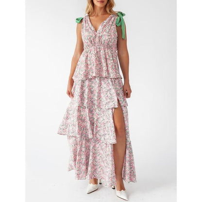 Boho Floral Tie Strap V Neck Ruffle Tiered Maxi Dress