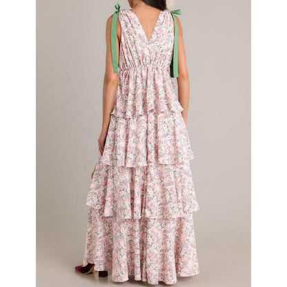Boho Floral Tie Strap V Neck Ruffle Tiered Maxi Dress