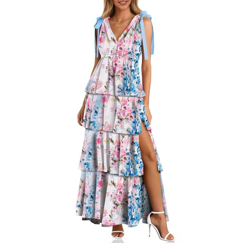 Boho Floral Tie Strap V Neck Ruffle Tiered Maxi Dress