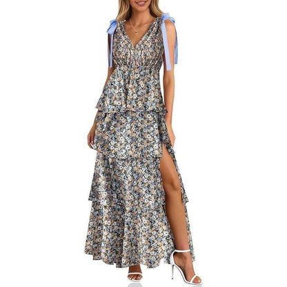 Boho Floral Tie Strap V Neck Ruffle Tiered Maxi Dress