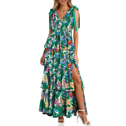 Boho Floral Tie Strap V Neck Ruffle Tiered Maxi Dress