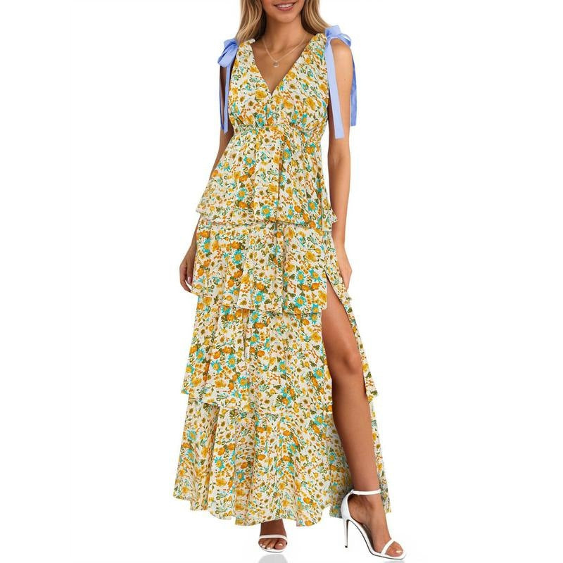 Boho Floral Tie Strap V Neck Ruffle Tiered Maxi Dress
