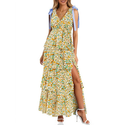 Boho Floral Tie Strap V Neck Ruffle Tiered Maxi Dress