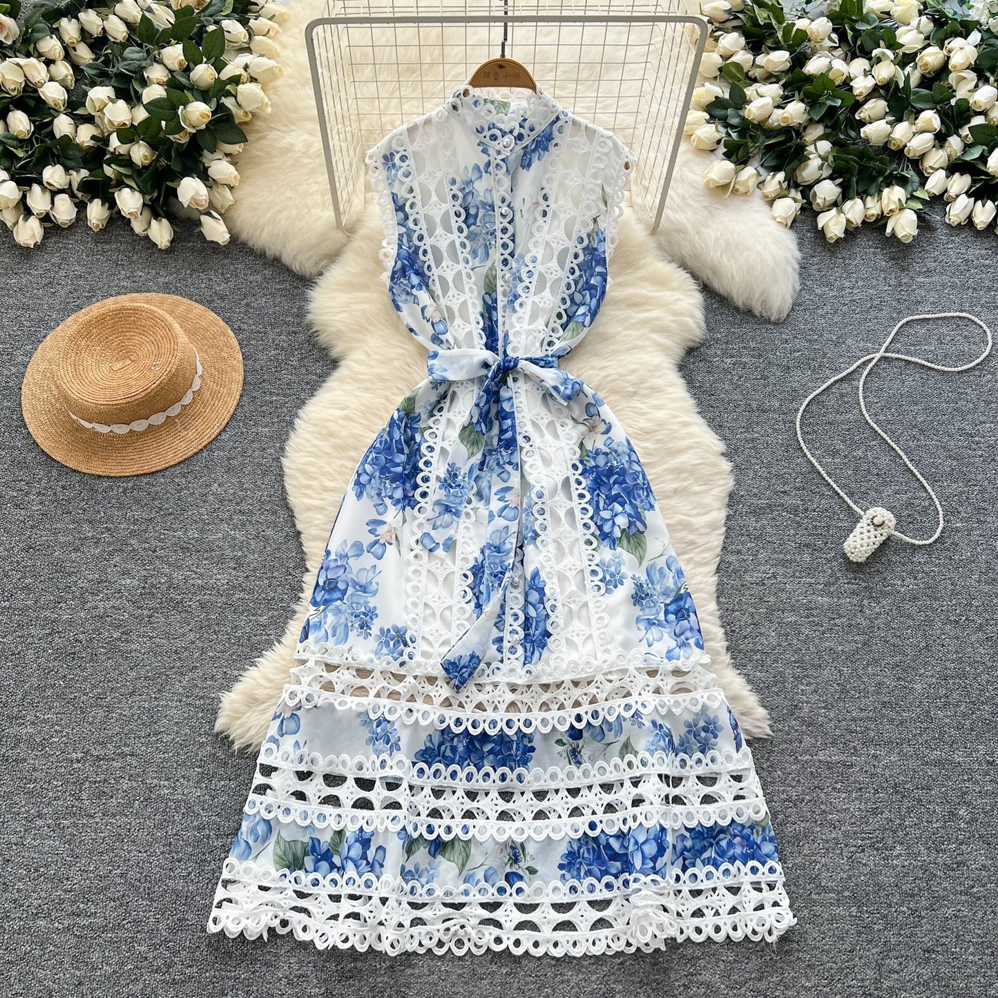 Sleeveless Hollow Out Lace Button Up Casual Midi Dress