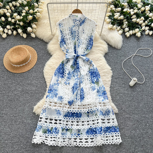 Sleeveless Hollow Out Lace Button Up Casual Midi Dress