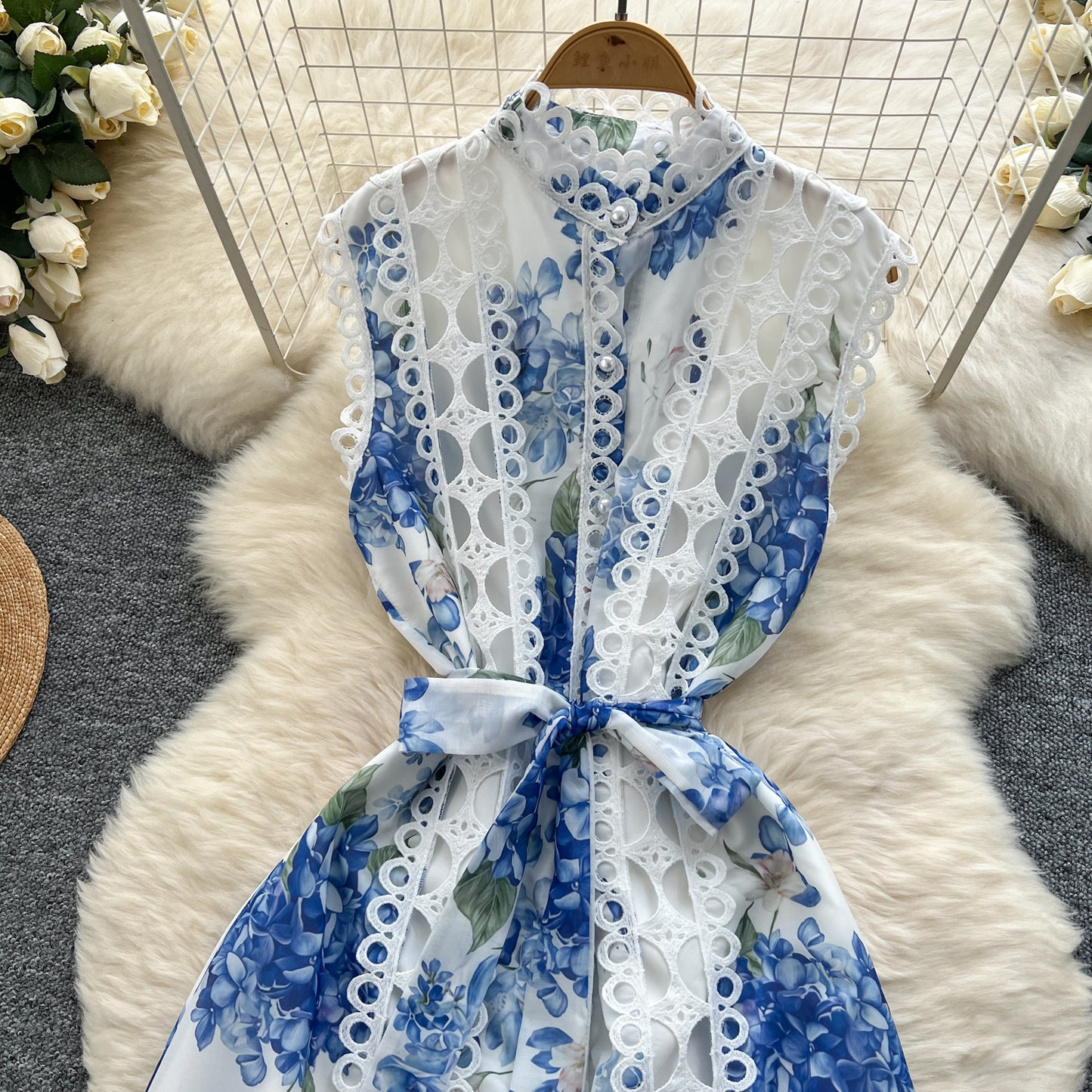 Sleeveless Hollow Out Lace Button Up Casual Midi Dress