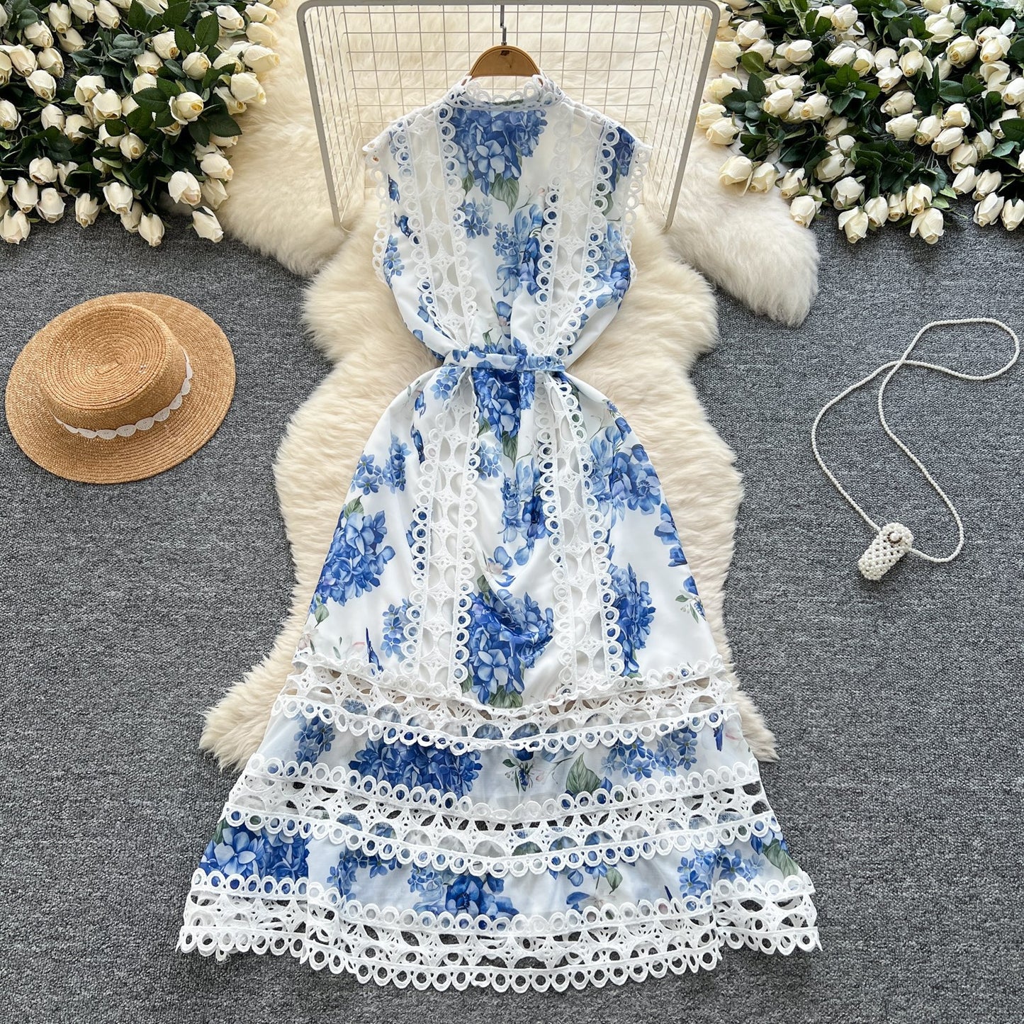 Sleeveless Hollow Out Lace Button Up Casual Midi Dress