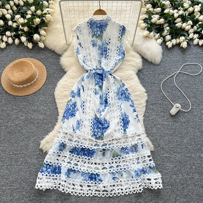 Sleeveless Hollow Out Lace Button Up Casual Midi Dress