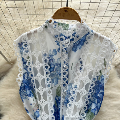 Sleeveless Hollow Out Lace Button Up Casual Midi Dress