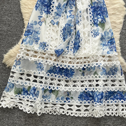 Sleeveless Hollow Out Lace Button Up Casual Midi Dress