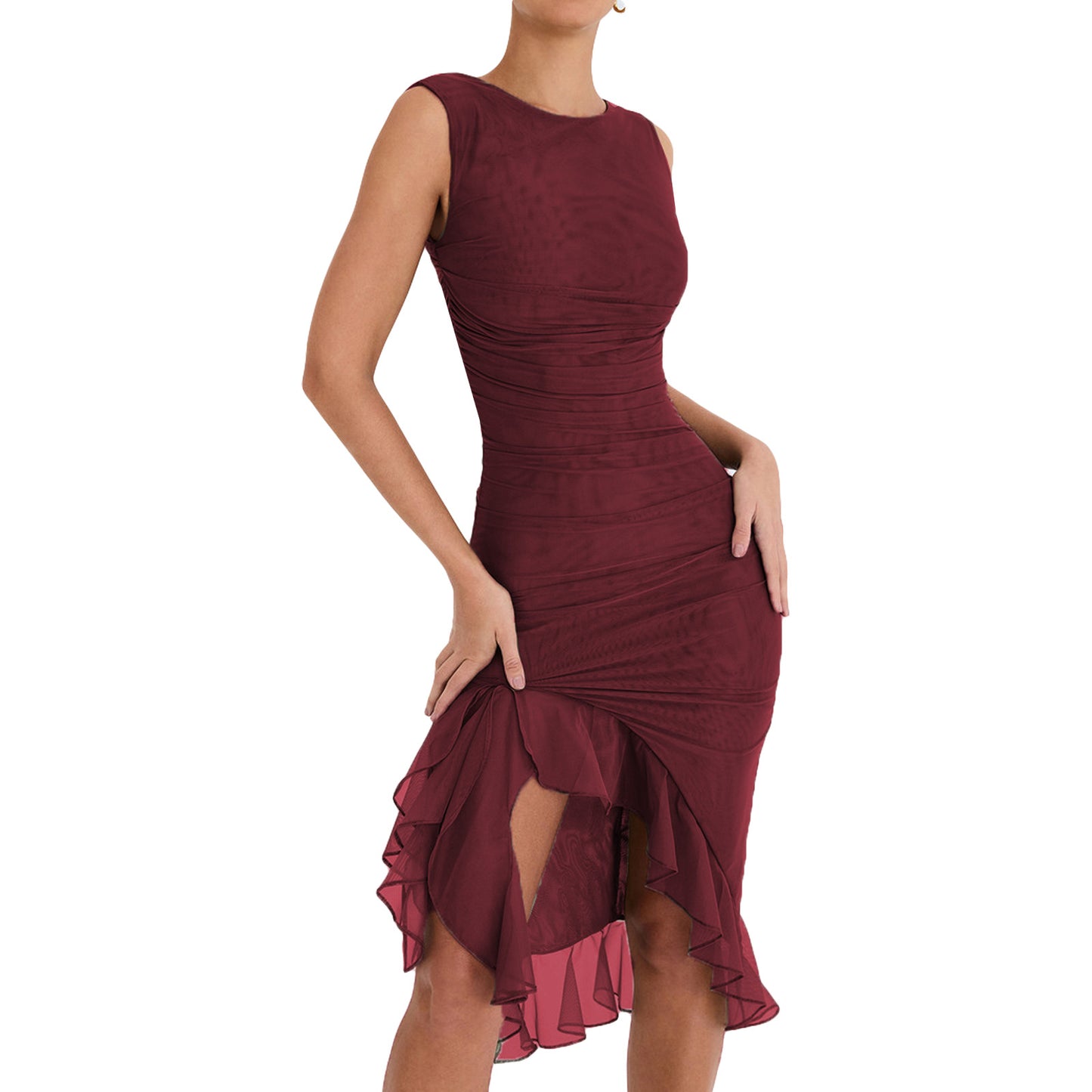 Pleated Round Neck Sleeveless Dress