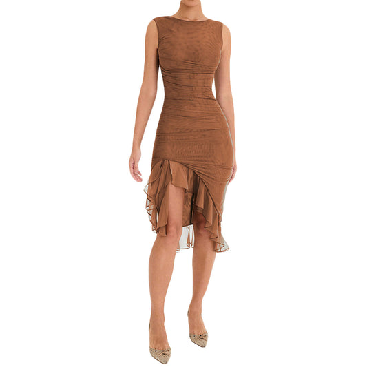 Pleated Round Neck Sleeveless Dress
