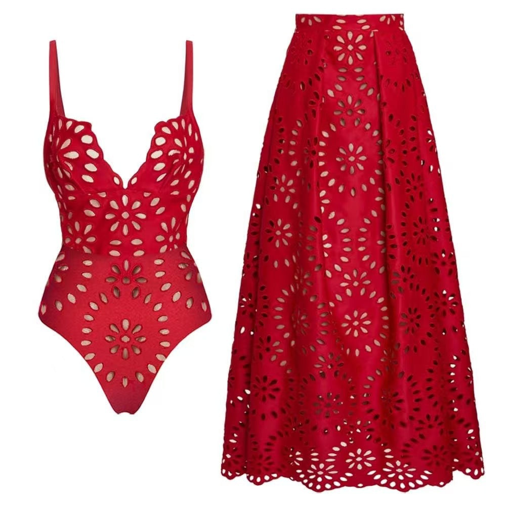 Bathing Suit Petal Hollow V Neck Swimsuit and Skirt