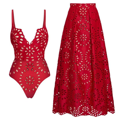 Bathing Suit Petal Hollow V Neck Swimsuit and Skirt