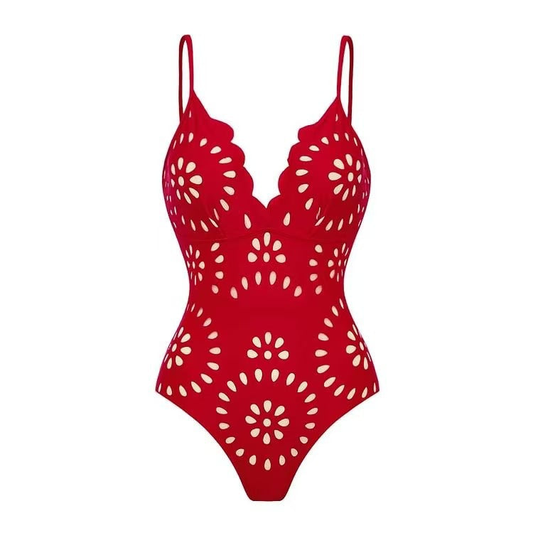 Bathing Suit Petal Hollow V Neck Swimsuit and Skirt