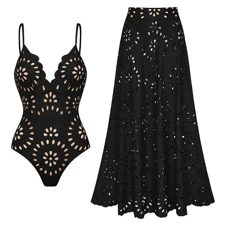 Bathing Suit Petal Hollow V Neck Swimsuit and Skirt