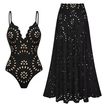 Bathing Suit Petal Hollow V Neck Swimsuit and Skirt