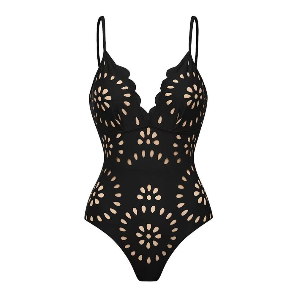 Bathing Suit Petal Hollow V Neck Swimsuit and Skirt