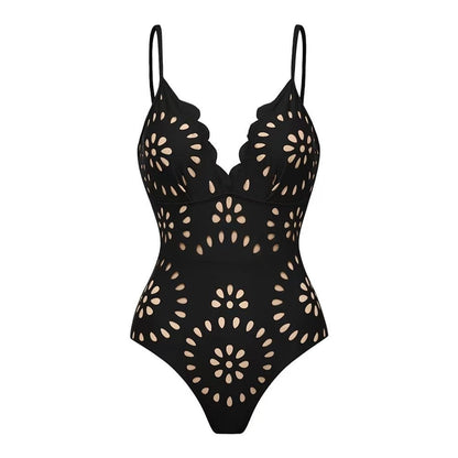 Bathing Suit Petal Hollow V Neck Swimsuit and Skirt
