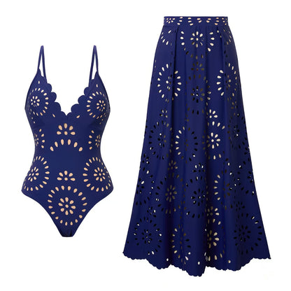Bathing Suit Petal Hollow V Neck Swimsuit and Skirt