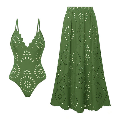 Bathing Suit Petal Hollow V Neck Swimsuit and Skirt