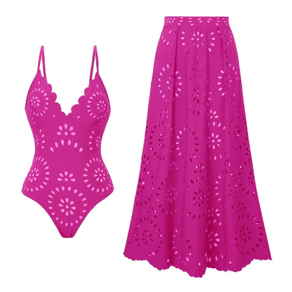 Bathing Suit Petal Hollow V Neck Swimsuit and Skirt