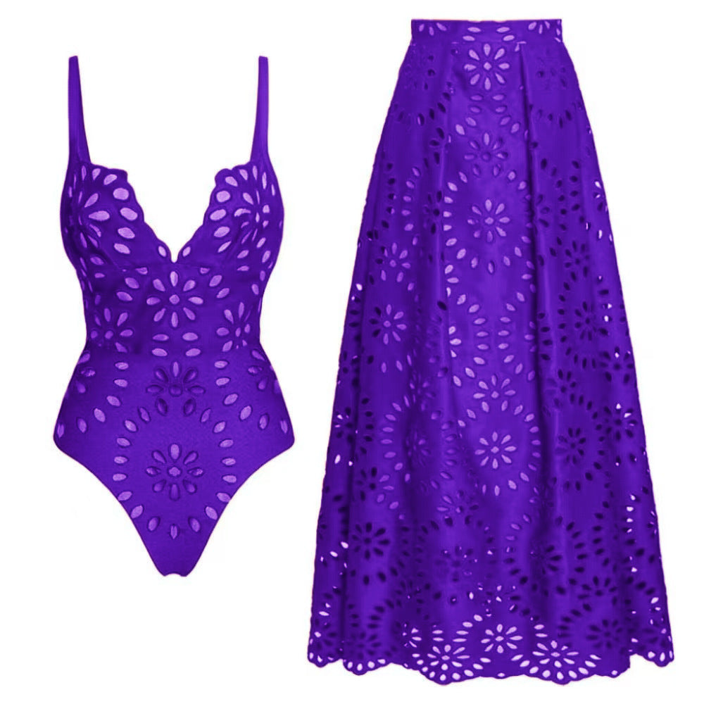 Bathing Suit Petal Hollow V Neck Swimsuit and Skirt